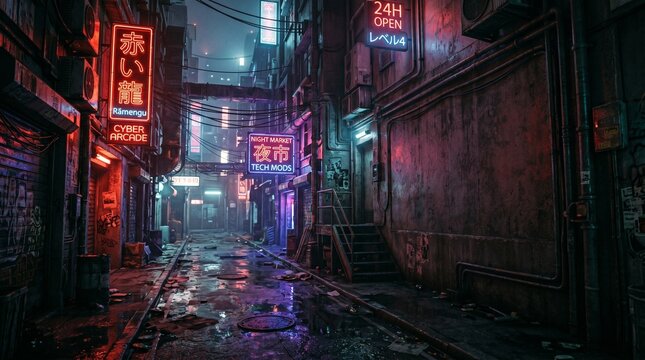 A dark narrow urban alleyway featuring glowing neon signs with Japanese characters and wet reflective pavement surfaces rendered in a cinematic style on white background