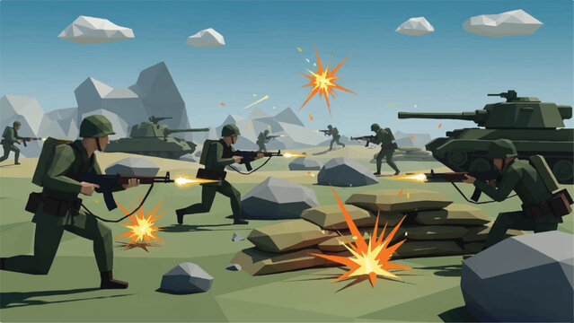 Multiple soldiers engage opposing forces on a chaotic battlefield with tanks, explosions, and plumes of smoke under a desolate landscape.