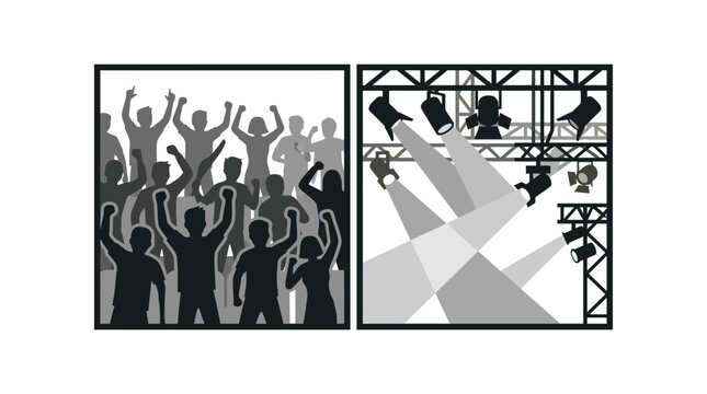 Silhouettes of a cheering crowd and stage lighting rig at a concert.