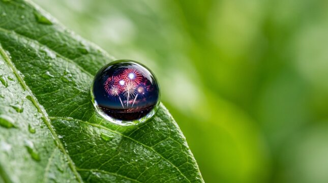 A bright colorful firework display reflected inside a single crystal clear dew drop captured with macro photography techniques and professional lighting effects on white background