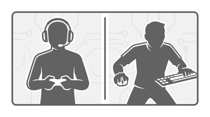 Silhouettes of a console gamer and a computer gamer side by side. © Reyhan_Usman