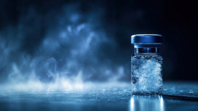 Single frosted cryogenic sample vial emitting cold vapor, laboratory workstation background, regenerative medicine concept, dramatic blue lighting