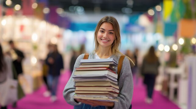 Smiling visitor carrying stack of books through vibrant literary festival, colorful stands and readers softly blurred behind, educational