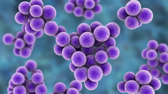 Infectious agent visualize: Staphylococcus bacteria, microscopic organism, cellular pathogen, grape cluster, disease cause, medical biology, violet coccus.
