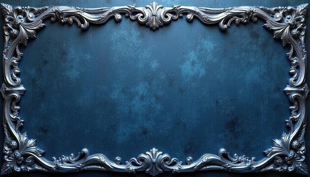 Ornate silver frame with intricate scrolls and floral details borders a textured dark blue background. Elegant vintage design suits decorative or formal graphic needs.