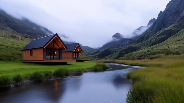 Peaceful lonely wooden cabin glowing with warm light standing next to a calm river surrounded by lush green mountains