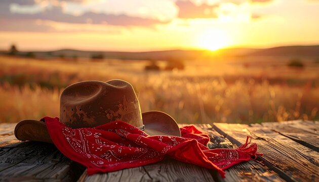 Traditional western style composition with a red bandana and straw cowboy hat for Calgary Stampede