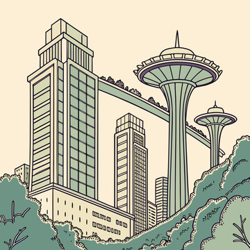 Illustration of a city with iconic space needle and modern buildings high rise buildings architecture illustration skyscrapers downtown metropolitan cityscape urbanization infrastructure