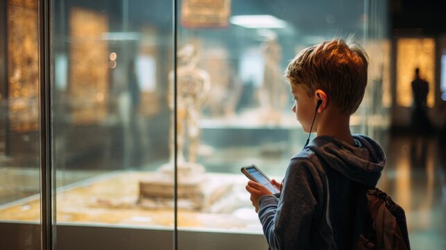 Young visitor holding audio guide device while exploring bright museum exhibition, fascinating artifacts softly blurred behind, educational tourism
