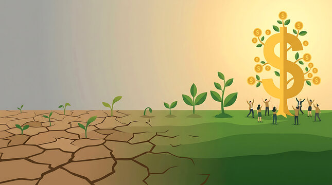 Dollar sign tree with people and cracked earth a vector illustration