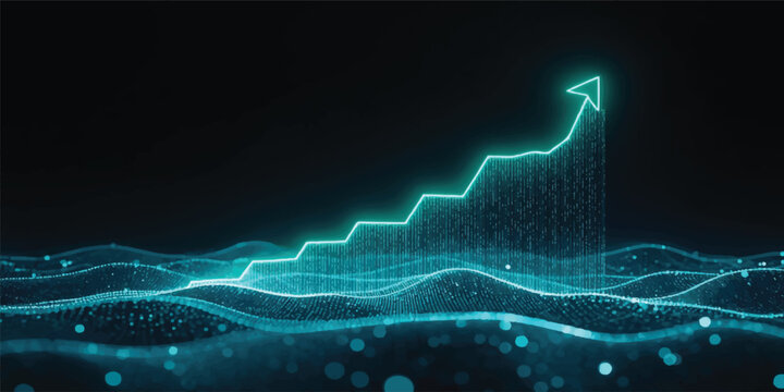Abstract blue background with digital waves and financial heartbeat chart showing growth and technology visualization