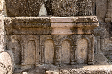 Fototapeta premium Close-up of intricate medieval architectural decoration on Haghartsyn Monastery in Tavush region, Armenia