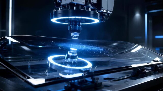 Precision Manufacturing: A high-tech robotic arm precisely cuts a glass component in a futuristic manufacturing facility, illuminated by vibrant blue LED lights.