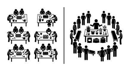 Naklejka premium Group gardening workshop icons showing people learning to plant and care for indoor plants.