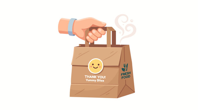 Takeaway food paper bag held by hand with thank you text