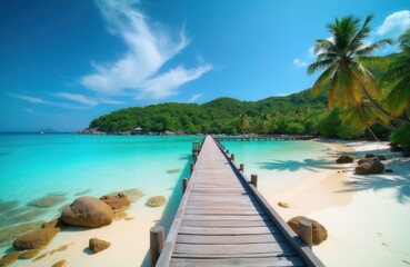 Fototapeta premium Wooden pier extends into turquoise sea bay, sandy beach, green tropical island, clear blue sky with clouds. Peaceful oceanfront walkway leads to paradise.