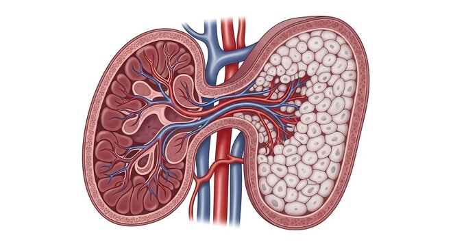 Detailed anatomical diagram of human kidneys and adrenal glands.
