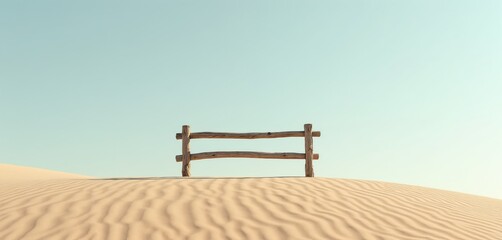 Obraz premium Wooden fence on sand dune under clear sky. Rippled sand texture shows wind patterns. Minimalist scene suggests isolation or boundary. Natural, dry landscape.