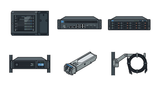 A collection of network server hardware, data center infrastructure, rack units, transceiver modules, and cable management tools. Ideal for IT, cloud computing, and technology designs.
