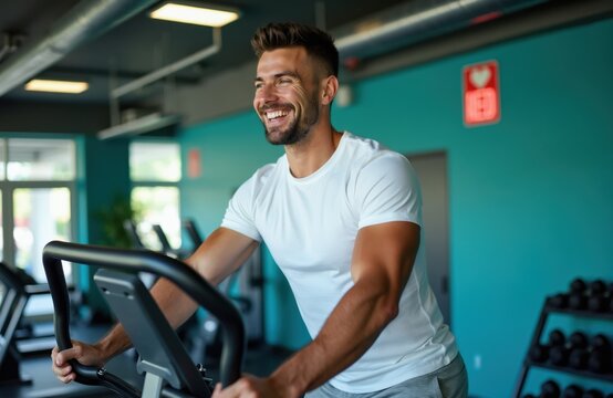 Fit man exercises on elliptical machine in modern gym. He smiles while working out, getting stronger and healthier. Cardio workout for good fitness and wellbeing.
