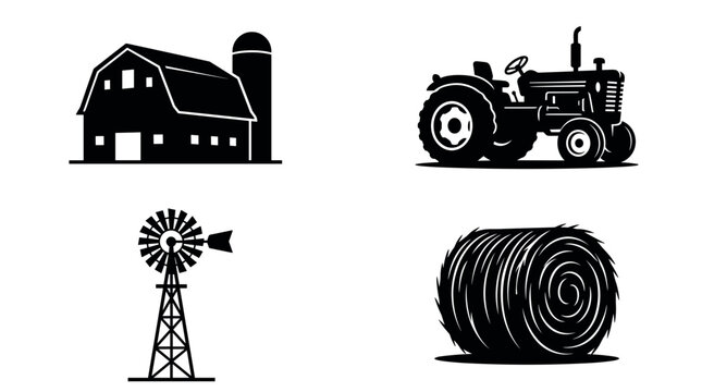 A collection of black vector silhouettes including a barn, tractor, windmill, and hay bale. Perfect for agricultural branding, rural themes, farming industry graphics, and design.