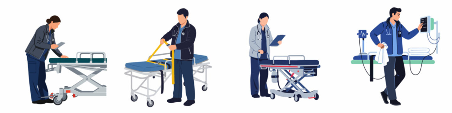 Flat vector illustration set of medical professionals and paramedics working with emergency stretchers, monitors, and equipment on an isolated white background.