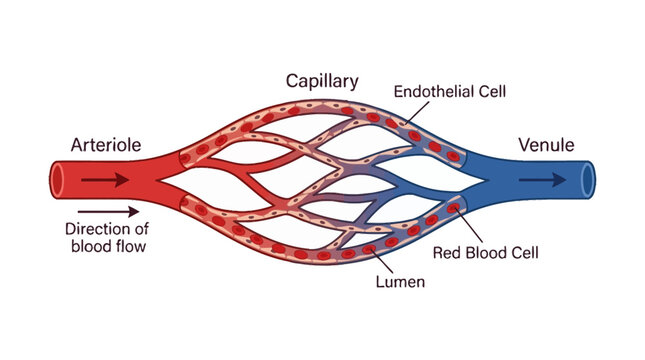 Detailed illustration of a capillary network with labeled components including arteriole, venule, and endothelial cells against a clean white background.