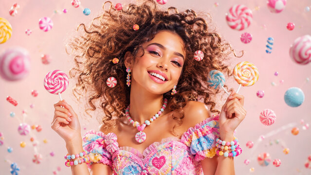 Vibrant young woman in pastel candy fashion holding lollipops