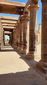 Stone columns decorated with egyptian hieroglyphs at the philae temple complex in aswan. Majestic ancient architecture