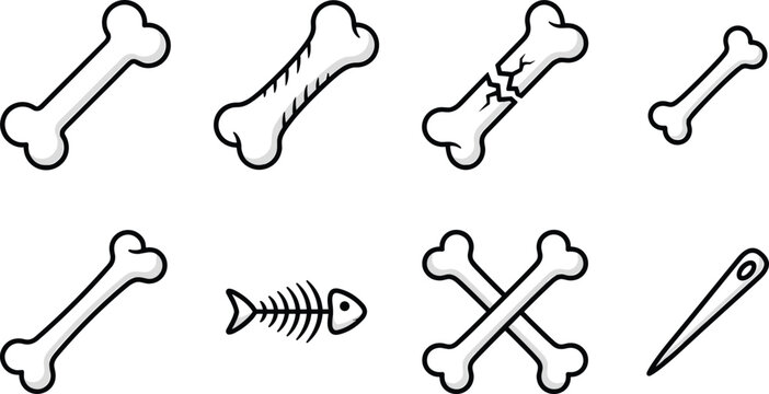 White Bone and Crossbones Icon Set with Broken Bone Fish Skeleton and Needle Graphic Elements Vector Illustration Isolated on White Background