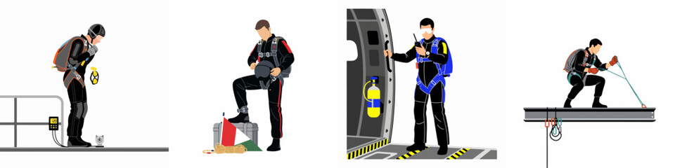 Fototapeta premium Set of illustrations depicting professional skydivers and BASE jumpers in various stages of preparation and action, wearing specialized gear and harnesses.