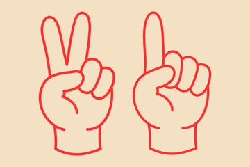 Fototapeta premium Minimalist vector illustration of two hands making number gestures peace sign for two and pointing finger for one, outlined in red on a light background