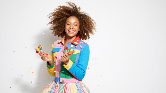 Smiling woman wearing vibrant pastel candy fashion with lollipops