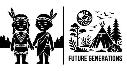 Indigenous children and traditional tipi dwelling representing future generations. © Thifa_Aulia