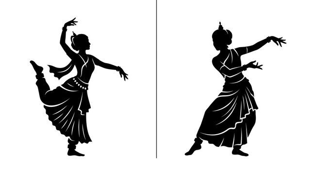 Two elegant silhouettes of traditional Indian classical dancers in graceful poses.