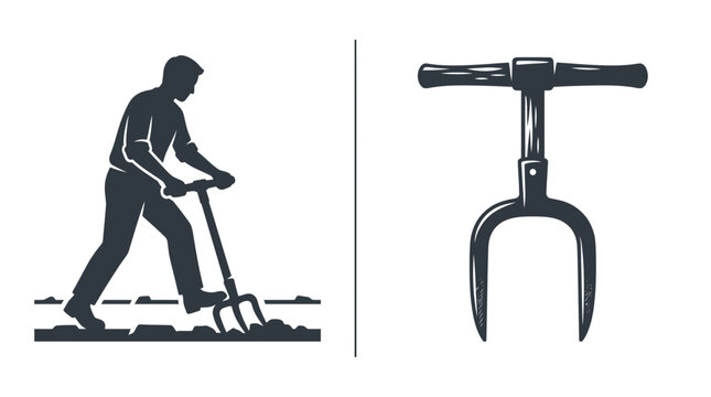 A silhouette of a person using a broadfork tool alongside a detailed illustration of the garden tool.
