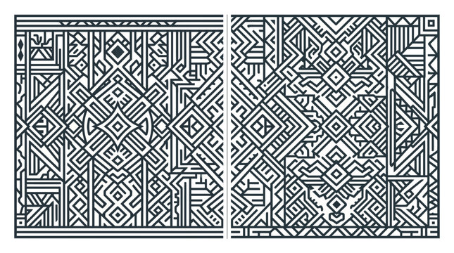 Intricate geometric pattern featuring complex tribal line art and symmetrical ethnic motifs.