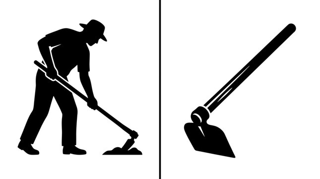 A silhouette of a farmer using a hoe alongside an isolated illustration of the tool.