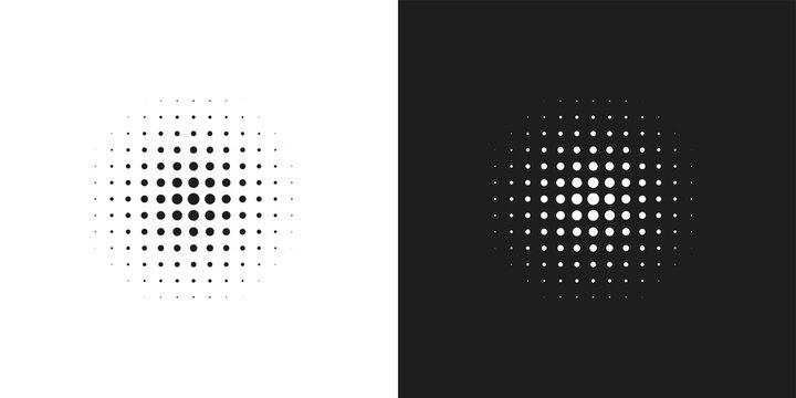 A split-background graphic featuring a circular halftone dot pattern rendered in both positive and negative color variations,