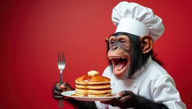 Chef monkey holds plate with stacked pancakes, syrup and butter. Monkey wears chef hat and uniform. Ready to eat delicious breakfast. Fork in hand.