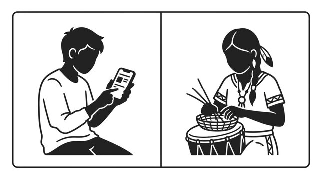 A split screen illustration contrasting modern digital technology usage with traditional cultural drumming practices.