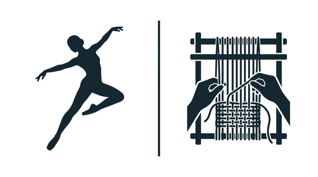 A split screen graphic featuring a silhouette of a ballet dancer and a pair of hands weaving on a loom.