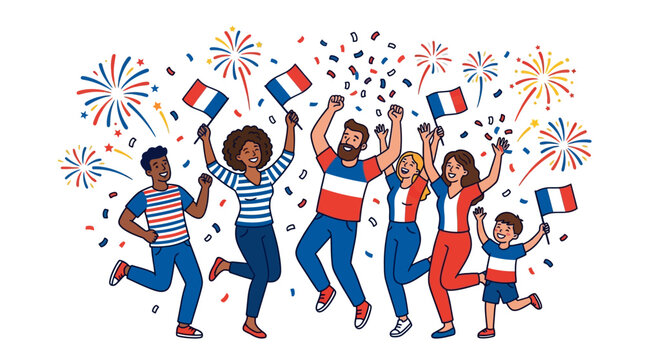 Diverse people celebrating French Bastille Day.