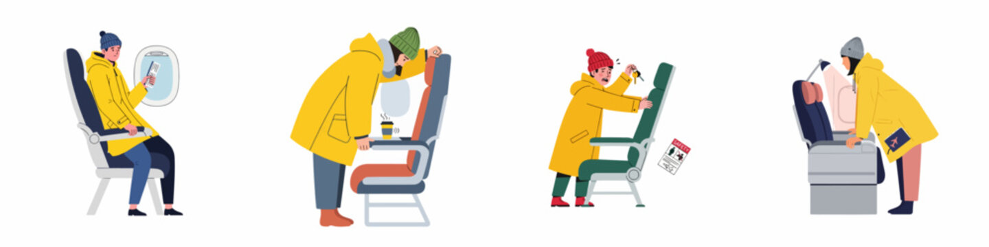 Set of vector illustrations showing a frustrated traveler in a yellow coat looking for lost items and sitting in an airplane seat.