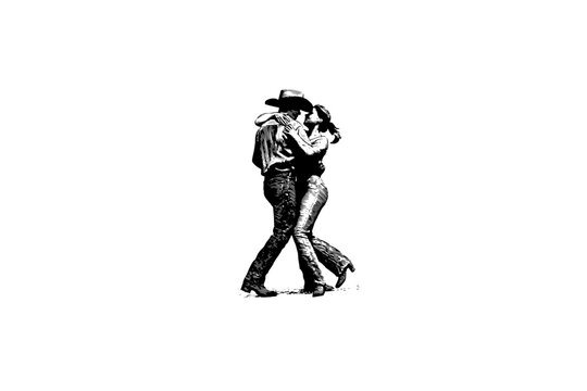 Vintage vector sketch of a cowboy and cowgirl dancing. Engraving style digital illustration of a western country couple line dancing together, isolated on white background.