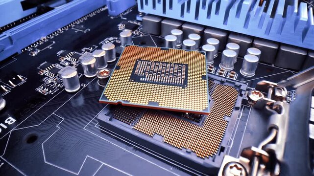 A close up view of an integrated circuit or central processing unit microchip on a motherboard.