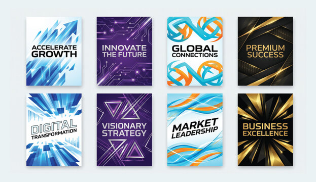 Set of modern business presentation covers with digital transformation and global market concepts business presentation technology transformation strategy innovation template