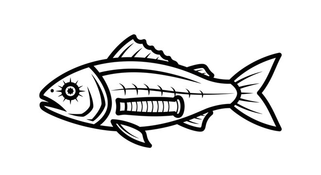 Robotic fish illustration black and white line art. Mechanical cybernetic marine animal with gears and tech elements.