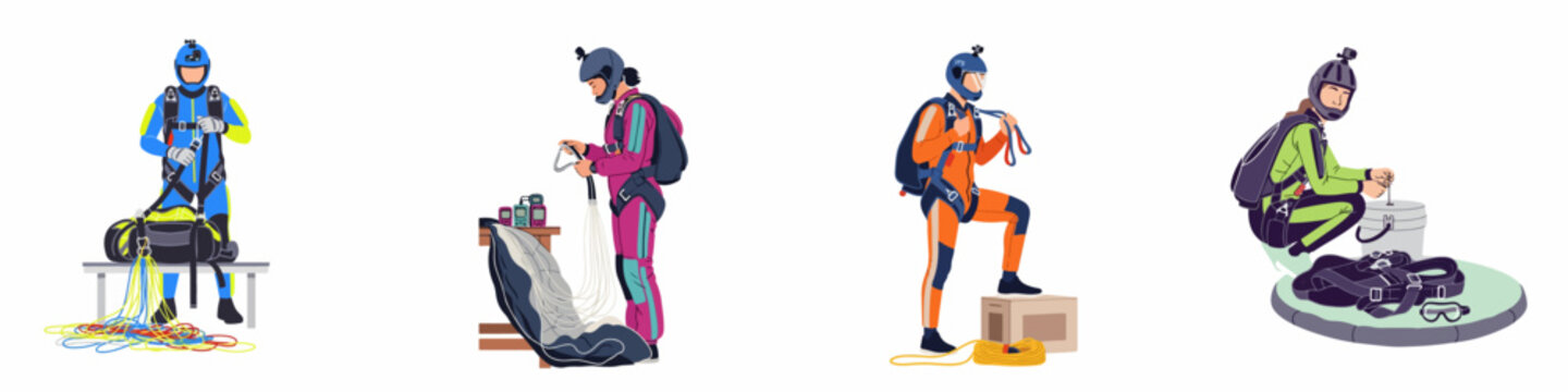 Set of flat vector illustrations featuring diverse skydivers in colorful gear preparing their parachutes and equipment for a jump, isolated on white background.