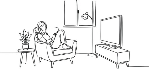 Fototapeta premium Continuous line vector of a woman relaxing on armchair watching television